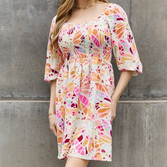 ODDI Full Size Printed Ruff Sleeve Romper with Pockets